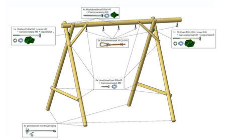 Houten schommel 5 haken montage