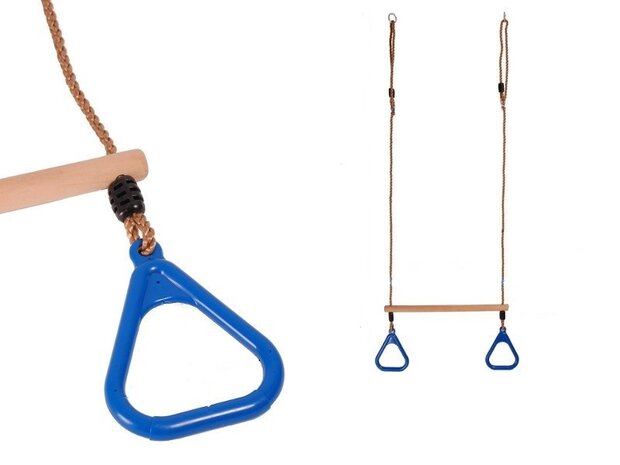 Houten trapeze met kunststof driehoeksringen Blauw PP Touw