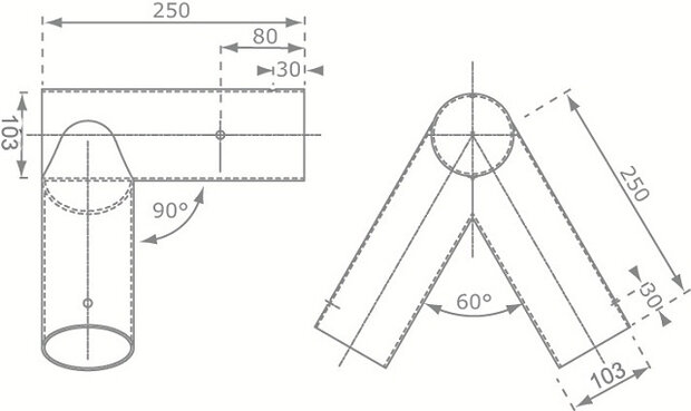 Hoekverbinding Recht, Rond 103mm/103mm afmetingen