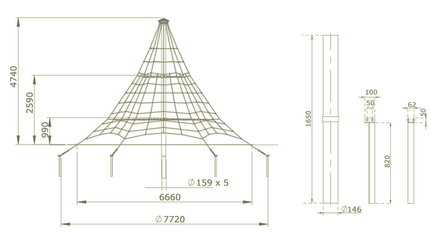 piramide net in gewapend touw 5.2m afmetingen tekening 4,7 m
